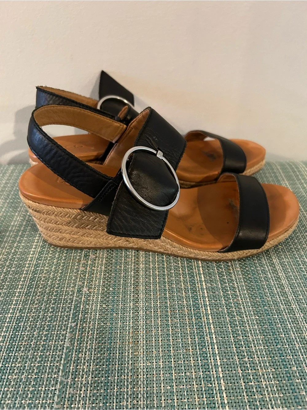 Black Wedge Espadrille Sandals with Silver Buckle